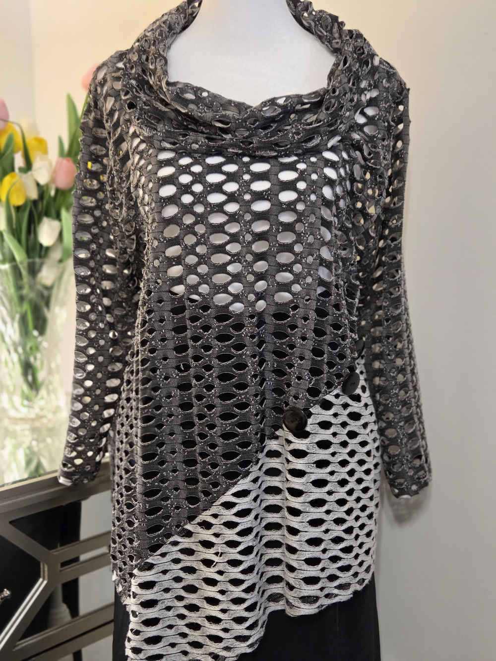Joseph Ribkoff Black & White Open-Knit Asymmetrical Button Front Coverup